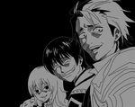  2boys alvin_(tales) coat elize_lutus gintama grey grin jude_mathis long_hair monochrome multiple_boys open_mouth scarf short_hair smile style_parody tales_of_(series) tales_of_xillia teepo_(tales) 