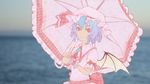  3d ascot bat_wings blue_hair blurry depth_of_field hat horizon looking_at_viewer mob_cap ocean perry red_eyes remilia_scarlet short_hair smile solo touhou wings wrist_cuffs 