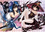  92m black_hair breasts cleavage dragon frills hat highres japanese_clothes large_breasts lord_of_vermilion multiple_girls sword weapon witch_hat 