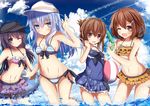  :d ;) ;d akatsuki_(kantai_collection) alternate_costume anchor_symbol aruka_(alka_p1) ball bare_shoulders beachball bikini black_hair blue_hair brown_eyes brown_hair casual_one-piece_swimsuit closed_mouth day fang flat_cap folded_ponytail frilled_bikini frills hair_ornament hairclip hammer_and_sickle hat hibiki_(kantai_collection) ikazuchi_(kantai_collection) inazuma_(kantai_collection) innertube kantai_collection long_hair multiple_girls navel one-piece_swimsuit one_eye_closed open_mouth ponytail purple_eyes remodel_(kantai_collection) short_hair silver_hair smile striped striped_bikini swimsuit verniy_(kantai_collection) water water_gun 