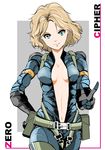  bad_id bad_pixiv_id belt_pouch black_gloves blonde_hair blue_eyes bodysuit breasts catsuit center_opening cowboy_shot elbow_gloves gloves harness kafe_(bonbonrocks) metal_gear_(series) metal_gear_solid_peace_walker navel no_bra paz_ortega_andrade pouch short_hair shoulder_pads sideboob small_breasts smile sneaking_suit solo unzipped v 