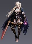  alternate_costume armor aura breastplate cape drawfag feet fire_emblem fire_emblem_if gauntlets glowing glowing_weapon gradient gradient_background greaves hairband kamui_(fire_emblem) my_unit_(fire_emblem_if) silver_hair solo sword toeless_legwear 