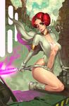  1girl armlet ass belt boots breasts cape center_opening choker city cleavage collarbone double_buns energy_sword eyepatch futuristic gloves hair_bun hector_enrique_sevilla_lujan highleg looking_at_viewer navel no_bra original red_hair smile solo stomach sword tattoo weapon white_gloves 