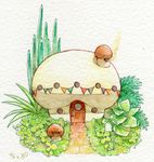  chimney colored_pencil_(medium) grass house mushroom no_humans original pavement st.kuma traditional_media watercolor_(medium) 