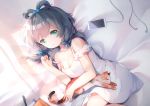  1girl absurdres animal bangs bare_shoulders bed_sheet black_hair blue_ribbon breasts cat cellphone cleavage collarbone commentary_request dress earbuds earphones eyebrows_visible_through_hair fingernails green_eyes hair_between_eyes hair_ornament hair_ribbon highres long_hair luo_tianyi lying mechanical_pencil medium_breasts on_side pencil phone ribbon rokusai sleeveless sleeveless_dress solo strap_slip vocaloid vocanese white_dress 