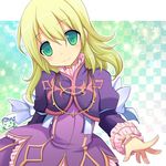  blonde_hair blush bracelet cat checkered dress elize_lutus frills gradient gradient_background green_eyes heart jewelry long_hair necklace ribbon smile star tales_of_(series) tales_of_xillia 