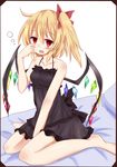  bad_feet bare_arms bare_legs bare_shoulders barefoot black_babydoll blonde_hair blush camisole collarbone fang flandre_scarlet frame hachimi highres looking_at_viewer no_panties on_bed open_mouth red_eyes see-through side_ponytail sitting solo touhou waking_up wariza wings 
