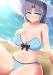  bikini blue_eyes blush breasts cleavage grey_hair hand_on_own_chest hat highres large_breasts long_hair looking_at_viewer navel ponpo senran_kagura senran_kagura_shinovi_versus sitting smile solo swimsuit underboob yumi_(senran_kagura) 