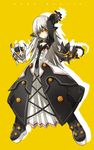  arm_up black_dress black_footwear black_gloves boots code:_exotic_(elsword) dress elsword eve_(elsword) expressionless forehead_jewel full_body gloves highres long_hair moby_(elsword) official_art remy_(elsword) ress solo white_hair yellow_background yellow_eyes 