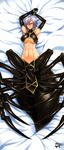  arachne armpits arms_up breasts carapace claws dakimakura detached_sleeves extra_eyes full_body hair_over_one_eye highres insect_girl jadenkaiba large_breasts lavender_hair lying monster_girl monster_musume_no_iru_nichijou multiple_legs navel on_back on_bed pelvic_curtain rachnera_arachnera red_eyes revision solo spider_girl underboob 