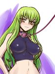  blush breasts brown_eyes c.c. code_geass collar dog_collar green_hair halter_top halterneck impossible_clothes large_breasts leash light_smile long_hair sketch solo zero_hime 