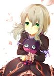  1girl aqua_eyes blush bracelet brown_hair dress elize_lutus frills green_eyes jewelry ribbon short_hair simple_background smile tales_of_(series) tales_of_xillia teepo_(tales) 