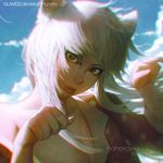  animal_ears bakemonogatari black_hanekawa breasts cat_ears chromatic_aberration cleavage commentary eyelashes guweiz hanekawa_tsubasa ilya_kuvshinov_(style) lips long_hair medium_breasts monogatari_(series) nekomonogatari nose off_shoulder pajamas parody paw_pose solo style_parody watermark web_address white_hair yellow_eyes 