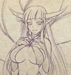  breasts castlevania cesium death_(castlevania) gradient gradient_background horns huge_breasts lineart monochrome monster_girl red_eyes sisyphus sisyphus_(castle_of_shadows) solo 