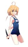  ahoge bad_id bad_pixiv_id blonde_hair breasts combat_knife knife medium_breasts one-piece_swimsuit original school_swimsuit short_hair simple_background solo swimsuit weapon white_background yellow_eyes yui_(niikyouzou) 