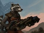  2015 anthro armor black_fur black_stripes desert fur futuristic guardians_of_the_galaxy gun hex_(artist) kenket leather leather_armor lofi male orange_eyes painting portrait ranged_weapon rifle rocket_raccoon smile solo spacecraft weapon white_fur white_stripes 