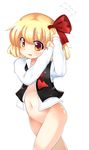  blonde_hair bottomless dressing eila_yagyu flying_sweatdrops highres navel open_clothes open_shirt red_eyes rumia shirt solo touhou white_background 