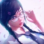  black_hair braid glasses guweiz hair_ornament hair_over_shoulder hairclip ilya_kuvshinov_(style) lips long_hair looking_at_viewer necktie nose original portrait purple_eyes round_eyewear solo twin_braids 