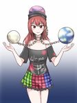  bare_shoulders chain clothes_writing collar english hat hecatia_lapislazuli kuroba_rapid long_hair multicolored multicolored_clothes multicolored_skirt off-shoulder_shirt polos_crown red_eyes red_hair shirt skirt solo sphere t-shirt touhou 