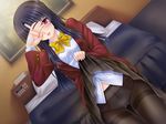  1girl artist_request blue_hair blush censored character_request covering_one_eye gakuen_aijoku_sayokyoku game_cg indoors isse kitajima_mizuki long_hair nurejiru panties pantyhose red_eyes school_uniform skirt skirt_lift solo source_request underwear 