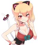  .live 1girl animal_ears bangs bare_shoulders blonde_hair bow breasts cat_ears cat_tail choker cleavage collared_dress corset dress drill_hair eyebrows_visible_through_hair fake_animal_ears from_above green_bow hair_between_eyes hand_on_hip large_breasts long_hair looking_at_viewer nekonoki_mochi red_dress red_eyes simple_background smile solo striped striped_bow tail tail_ring twin_drills virtual_youtuber white_background yuukagen_(poipoipopoino) 