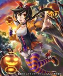  armlet bat bird_wings black_hair bow choker corset hair_bow hair_ornament jack-o'-lantern kaneaki_mukku looking_at_viewer official_art open_mouth orange_eyes pantyhose platform_footwear pointing pointing_at_viewer pumpkin senjou_no_electro_girl skull_hair_ornament striped striped_legwear sunset wings 