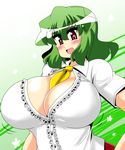  akasode_(tyaramu) between_breasts breasts cleavage green_hair highres huge_breasts kazami_yuuka looking_at_viewer necktie necktie_between_breasts open_clothes open_mouth red_eyes short_hair skirt smile solo touhou 