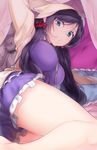  bed blue_eyes breasts hair_over_shoulder large_breasts long_hair looking_at_viewer love_live! love_live!_school_idol_project lying naso4 on_side puckered_lips purple_hair solo thighs toujou_nozomi 