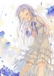  ano_hi_mita_hana_no_namae_wo_bokutachi_wa_mada_shiranai. arm_behind_back dress flower honma_meiko kinoshita_neko long_hair petals ribbon silver_hair sleeveless smile sundress 