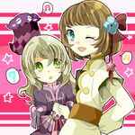  2girls blue_eyes brown_hair elize_lutus green_eyes leia_roland leia_rolando long_hair multiple_girls one_eye_closed open_mouth short_hair striped_background tales_of_(series) tales_of_xillia teepo_(tales) wink 