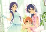  6u_(eternal_land) backlighting bare_arms bare_shoulders blue_hair bow brown_hair choker dress dutch_angle gloves green_dress green_eyes hair_bow hair_ribbon hoshizora_rin light_rays lily_white_(love_live!) long_hair looking_at_viewer love_live! love_live!_school_idol_project low_twintails multiple_girls pink_dress plant puffy_short_sleeves puffy_sleeves purple_hair ribbon shiranai_love_oshiete_love short_hair short_sleeves sitting sleeveless sleeveless_dress smile sonoda_umi sunbeam sunlight toujou_nozomi twintails very_long_hair white_dress white_gloves window yellow_eyes 