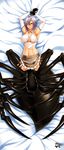  alternate_costume arachne armpits arms_up breasts carapace claws dakimakura detached_sleeves extra_eyes full_body hair_over_one_eye highres insect_girl jadenkaiba large_breasts lavender_hair lying monster_girl monster_musume_no_iru_nichijou multiple_legs navel on_back on_bed rachnera_arachnera red_eyes solo spider_girl underboob 