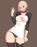  absurdres bad_id bad_pixiv_id black_legwear blonde_hair breasts brown_background choker glasses highres imperialred long_hair looking_at_viewer medium_breasts original red_eyes simple_background solo thighs torn_clothes 
