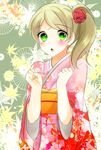  1girl blush brown_hair elize_lutus flower green_background green_eyes japanese_clothes kimono long_hair open_mouth rose side_ponytail tales_of_(series) tales_of_xillia 