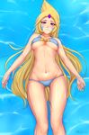  afloat bikini blonde_hair blue_bikini blush breasts collarbone cresselia gen_4_pokemon groin highres large_breasts long_hair looking_at_viewer lying navel on_back parted_lips personification pokemon purple_eyes razalor smile solo swimsuit underboob water 