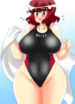  akasode_(tyaramu) beach_towel blush breasts competition_swimsuit covered_navel flying_sweatdrops highleg highleg_swimsuit highres horikawa_raiko huge_breasts looking_at_viewer one-piece_swimsuit open_mouth red_eyes red_hair short_hair solo sweatdrop swimsuit touhou towel 