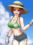  alternate_costume bare_shoulders blue_eyes braid breasts crop_top denim denim_shorts gloves hat hibino_nozomu hong_meiling large_breasts long_hair looking_at_viewer midriff open_mouth red_hair shorts solo straw_hat touhou twin_braids white_gloves 