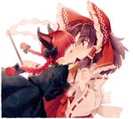  ahoge animal_ears ascot blush bow braid brown_hair cat_ears closed_eyes commentary detached_sleeves extra_ears gohei hair_bow hair_tubes hakurei_reimu kaenbyou_rin kiri_futoshi kiss long_hair multiple_girls multiple_tails pointy_ears red_eyes red_hair ribbon-trimmed_sleeves ribbon_trim simple_background surprise_kiss surprised tail touhou twin_braids white_background wide-eyed yuri 