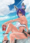 bikini brand_name_imitation breasts cloud commentary_request covered_nipples day dr_pepper eyepatch flip-flops grin headgear kantai_collection large_breasts necktie orita_(knightfever) purple_hair sandals short_hair sitting sky smile solo swimsuit tenryuu_(kantai_collection) white_bikini yellow_eyes 