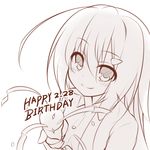  blush happy_birthday lethe-shion long_hair monochrome party_popper simple_background smile solo white_background 