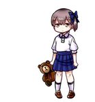  alternate_costume bow brown_eyes brown_hair casual hair_bow hair_ribbon holding kaga_(kantai_collection) kantai_collection looking_at_viewer pigeon-toed pleated_skirt ribbon side_ponytail simple_background skirt solo stuffed_animal stuffed_toy teddy_bear white_background yokai younger 
