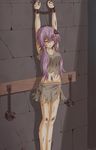  absurdres bad_id bad_nicoseiga_id bare_legs bleeding blood bruise chain chained collarbone cuffs feet_out_of_frame flask_(pandora) flat_chest half-closed_eyes highres in_cell injury liquid midriff navel prison_cell purple_eyes purple_hair restrained shackles shirt skirt sleeveless solo suspension torn_clothes torn_shirt torn_skirt twintails vocaloid voiceroid wall yuzuki_yukari 