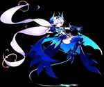  bat_wings black_background blue_bow blue_eyes blue_legwear blue_wings bow brooch crown detached_sleeves elsword expressionless floating full_body greaves horns hwansang jewelry leotard long_hair luciela_r._sourcream noblesse_(elsword) official_art pointy_ears solo tail thighhighs twintails white_hair wings 