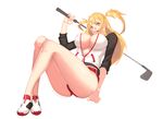  absurdres bad_id bad_pixiv_id blonde_hair breasts cleavage golf_club highres imperialred large_breasts legs looking_at_viewer open_mouth orange_eyes original simple_background smile solo thighs twintails white_background 