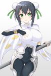  1girl bangs black_hair blush bodysuit breasts bun_cover cape chinese_clothes closed_mouth covered_navel cowboy_shot double_bun fate/grand_order fate_(series) gluteal_fold green_eyes green_ribbon hair_ribbon highres kogetsu_azami large_breasts looking_at_viewer polearm qin_liangyu_(fate) ribbon solo weapon white_cape 