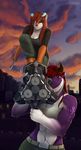  2015 anthro arun_(tokaido) breasts cannon city clothed clothing cloud dagger digital_media_(artwork) dragon duo ear_piercing eye_patch eyewear female fur hair holding_weapon horn looking_at_viewer melee_weapon midriff orange_fur outside piercing purple_eyes purple_skin ranged_weapon red_hair rute scalie scar science_fiction sky skyline smile standing sunset tattoo teeth tokaido toned unknown_species weapon yellow_eyes 