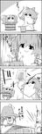  4koma arm_up arms_up bow bucket cirno comic commentary frozen greyscale hair_bobbles hair_bow hair_ornament hat highres ice ice_wings in_bucket in_container jitome kisume monochrome moriya_suwako pose reed_mat short_hair smile sparkle tani_takeshi touhou translated twintails wings wooden_bucket yukkuri_shiteitte_ne 