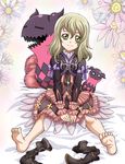  barefoot boots brown_hair dress elize_lutus feet frills gradient gradient_background green_eyes necklace no_shoes pillow short_hair smile socks soles tales_of_(series) tales_of_xillia teepo_(tales) toes 