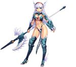  armor bikini_armor blue_eyes breasts contrapposto dragon_tail earrings full_body hair_ornament head_wings jewelry large_breasts long_hair lucille_(sennen_sensou_aigis) sennen_sensou_aigis solo standing tail thighhighs transparent_background uchiu_kazuma weapon white_hair 