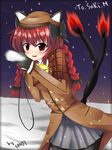  animal_ears blush braid breath cat_ears cat_tail eila_yagyu hat kaenbyou_rin mittens pantyhose red_eyes red_hair snowing solo tail touhou trench_coat twin_braids winter winter_clothes 